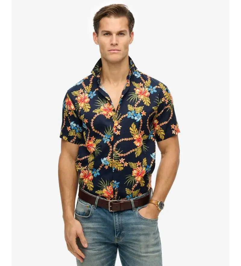 per uomo M4010947A Camicia con stampa hawaiana blu navy (S), Casual, Modal, Manica corta