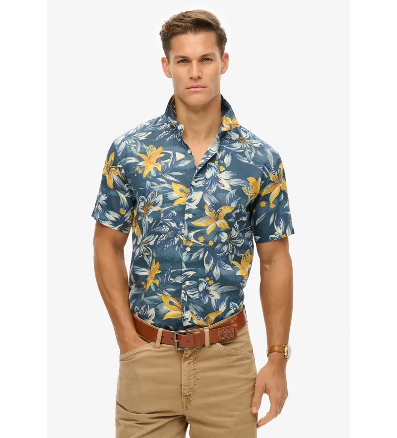 per uomo M4010947A Camicia con stampa hawaiana blu (S), Casual, Modal, Manica corta