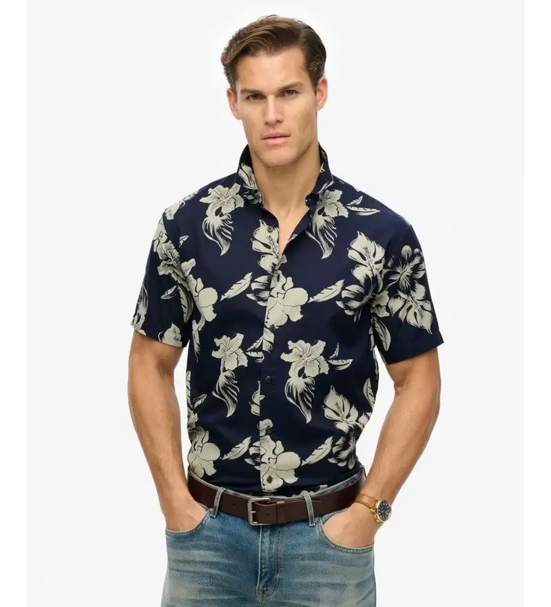 per uomo M4010947A Camicia con stampa hawaiana blu (S), Casual, Modal, Manica corta, Navy