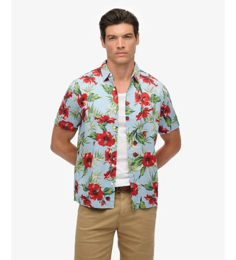 per uomo M4010947A Camicia hawaiana blu (S), Casual, Cotone, Manica corta
