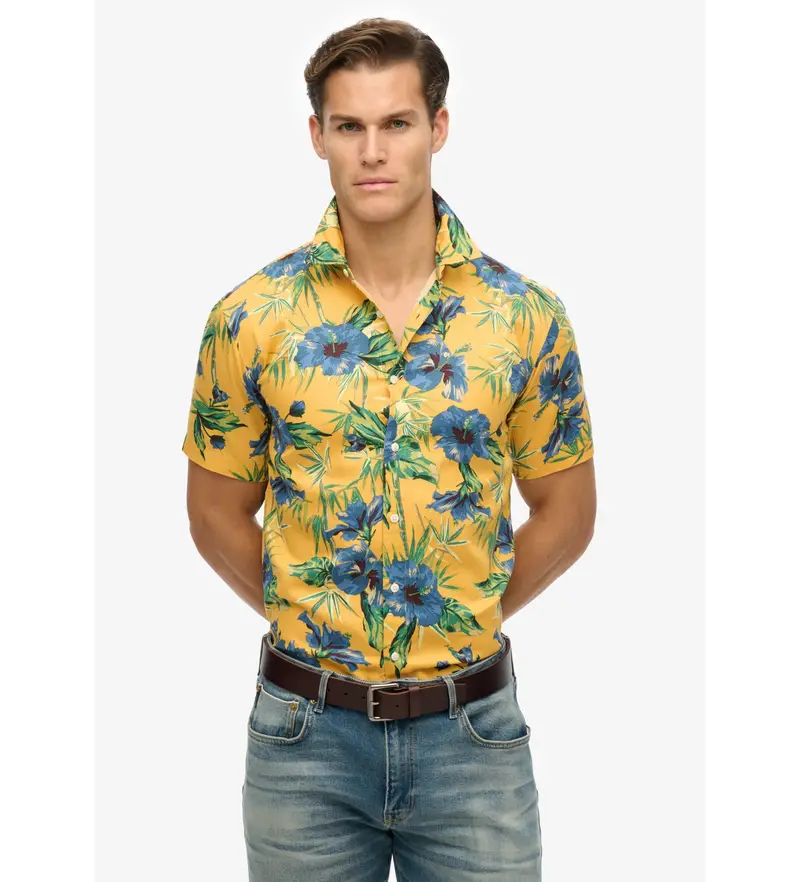 per uomo M4010947A Camicia stampata hawaiana gialla (S), Casual, Giallo, Modal, Manica corta