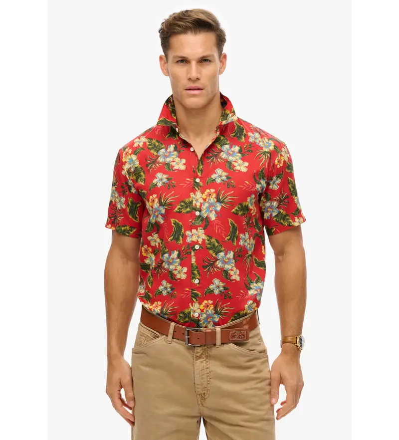 per uomo M4010947A Camicia stampata hawaiana rossa (S), Rosso, Casual, Modal, Manica corta