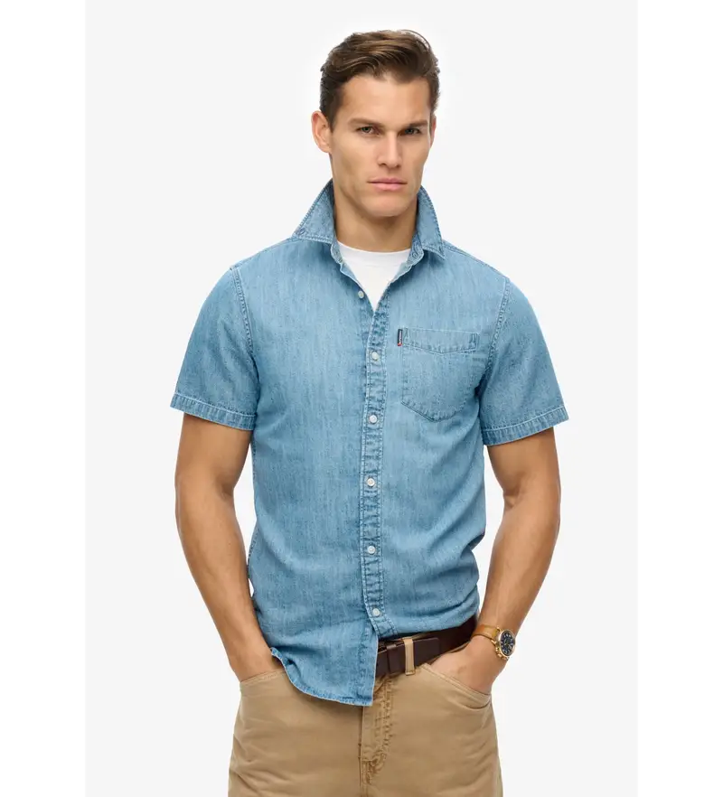 per uomo M4010998A Camicia in denim blu essenziale (S), Casual, Cotone, Manica corta