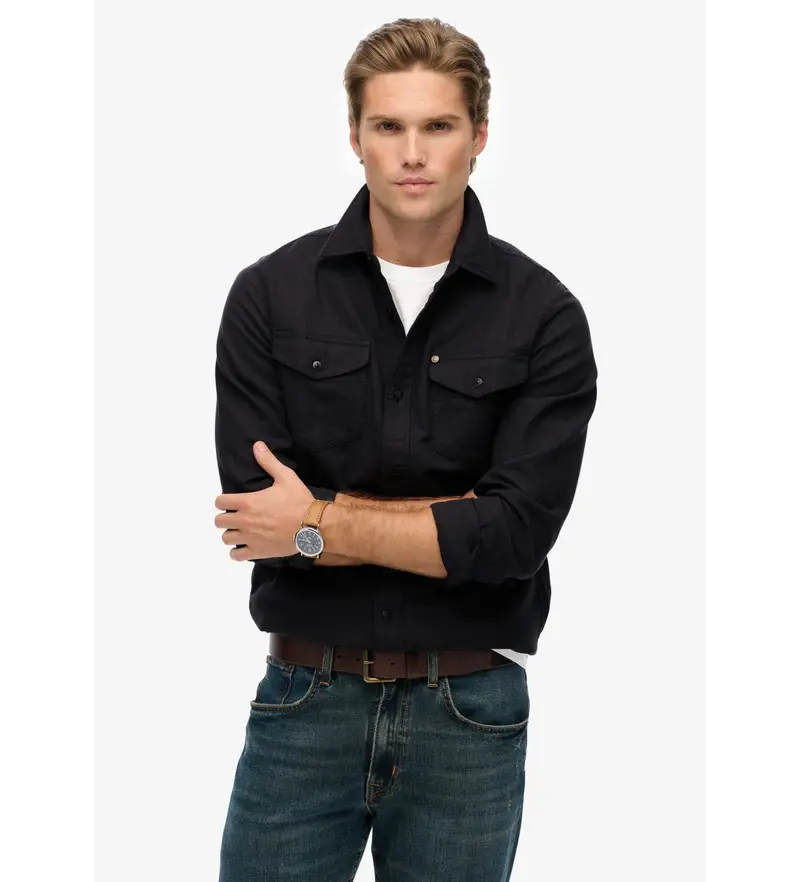 per uomo M4011022A Camicia nera Merchant Ranch (L), Nero, Casual, Cotone, Manica lunga