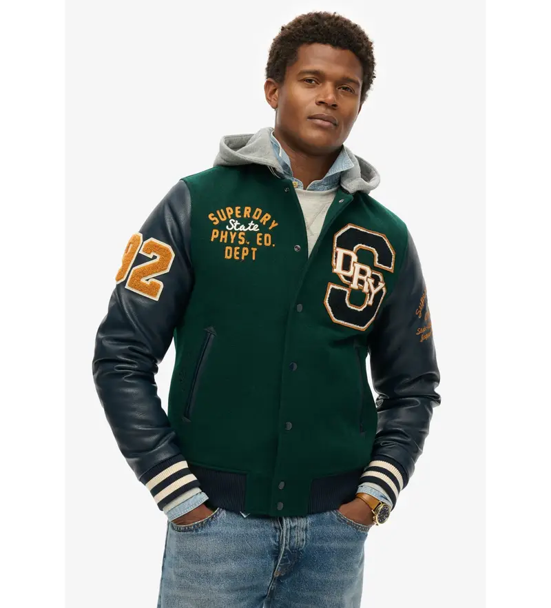 per uomo. M5012088A Giubbotto bomber con cappuccio e stemma universitario verde (M), Casual, Lana