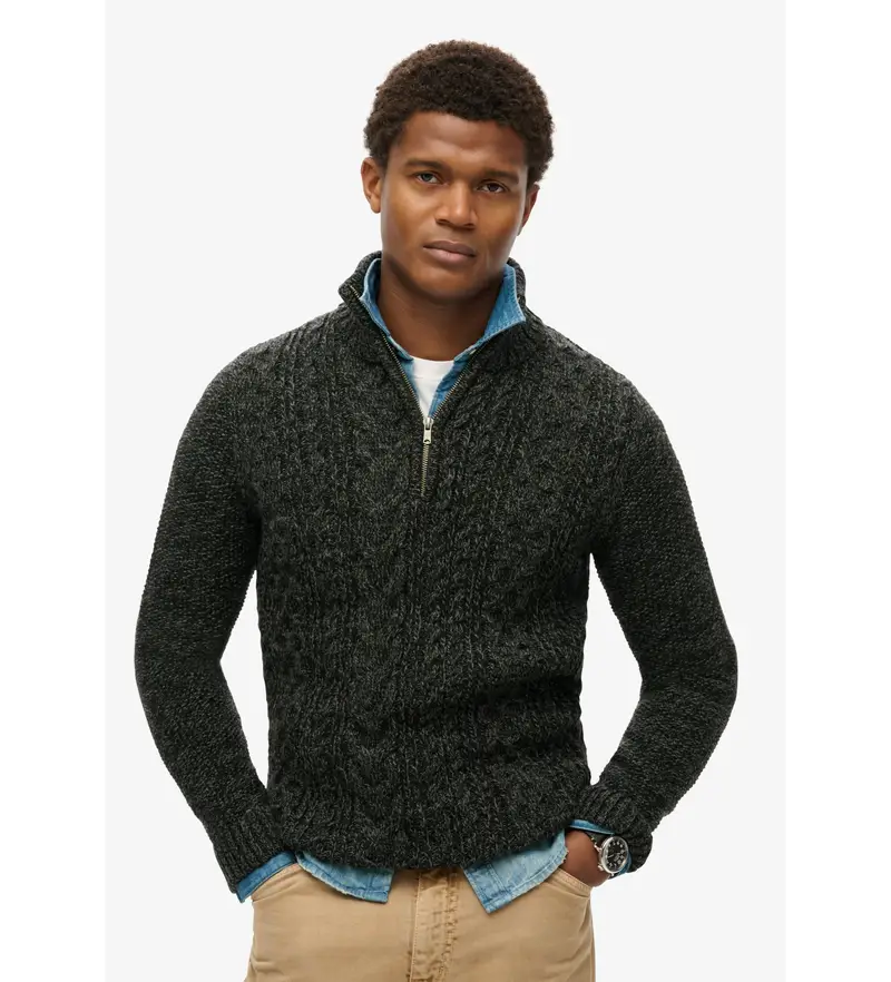 per uomo M6110639A Maglione lavorato a trecce con mezza zip Jacob nero (L), Casual, Acrilico