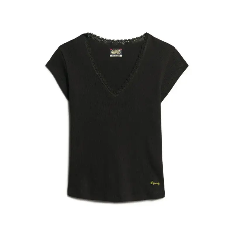 T-shirt a V con bordo in pizzo donna Superdry Essential