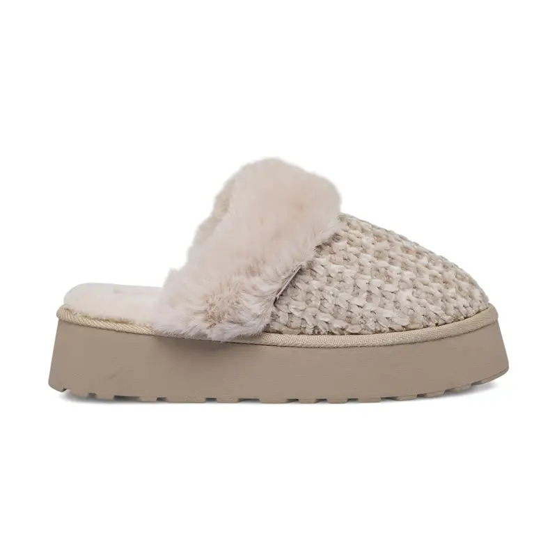 Ciabatte beige donna da casa con suola platform e interno in peluche