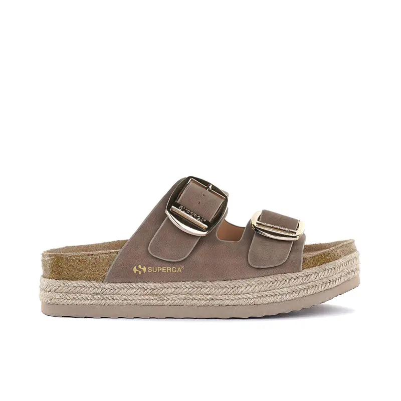 Sandali beige da donna con doppia fibbia e suola platform effetto sughero