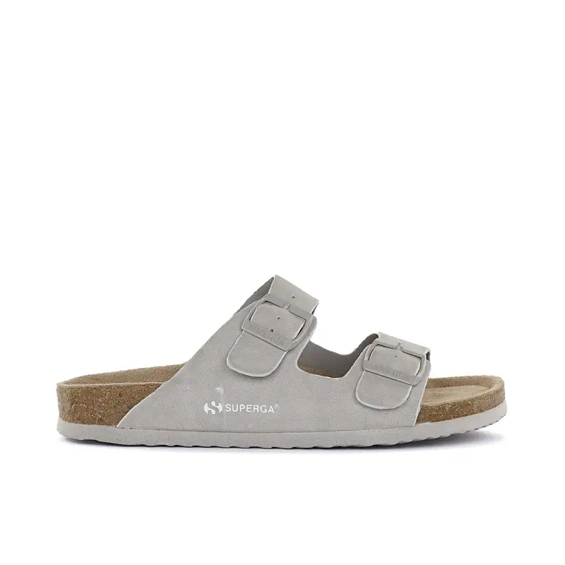 Sandali grigi da donna con doppia fibbia e fondo effetto sughero