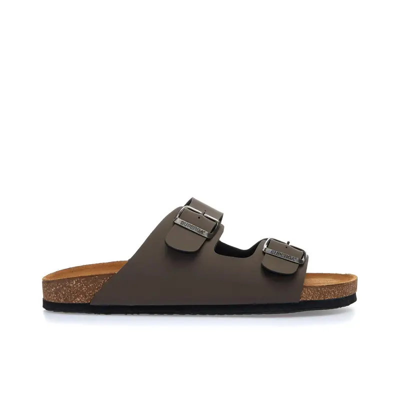 Sandali marroni in pelle con fondo effetto sughero e fibbie