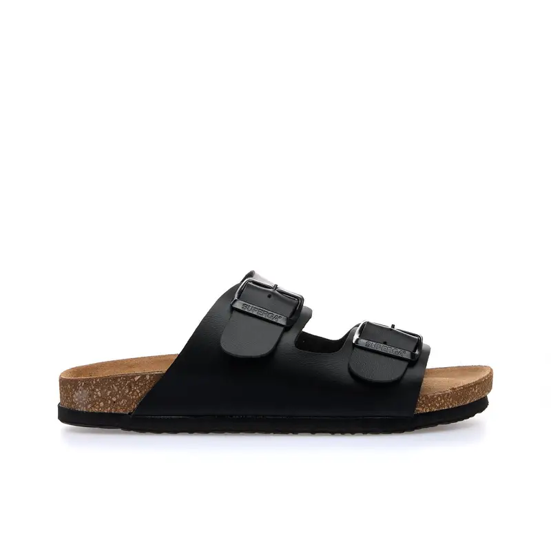 Sandali neri con fondo effetto sughero e doppia fibbia