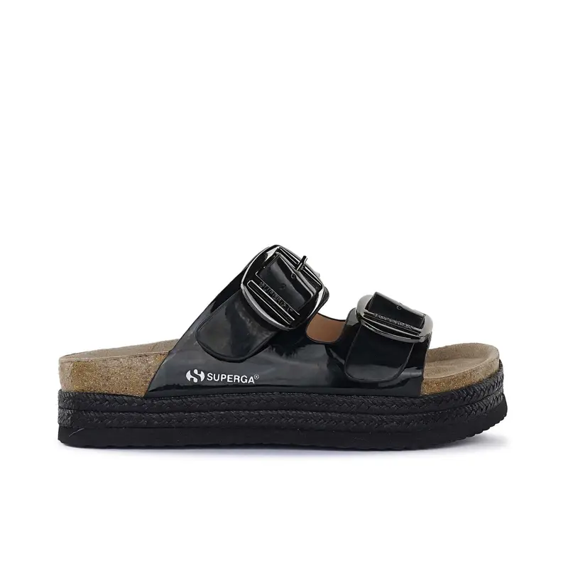 Sandali neri da donna con doppia fibbia e suola effetto sughero