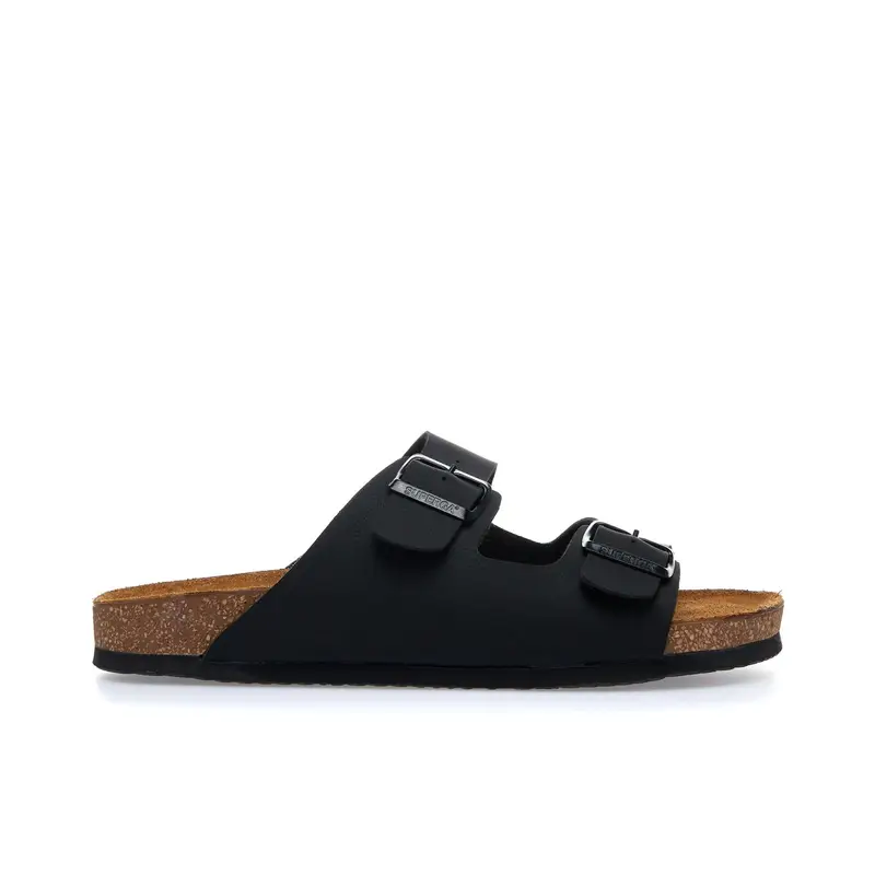 Sandali neri in pelle con fondo effetto sughero e fibbie