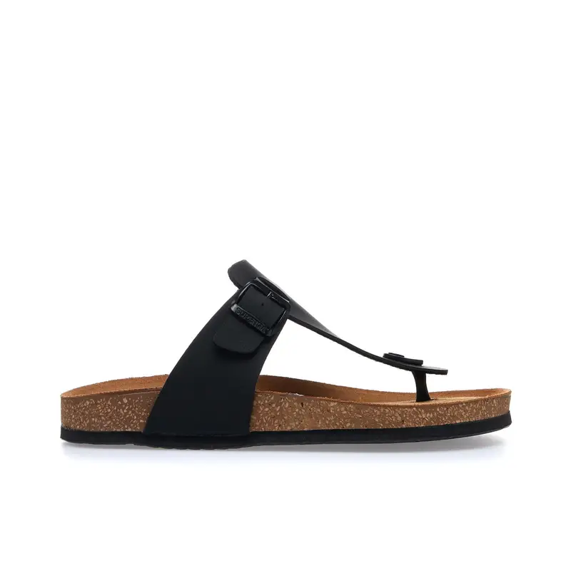 Sandali neri modello infradito in pelle con fondo effetto sughero