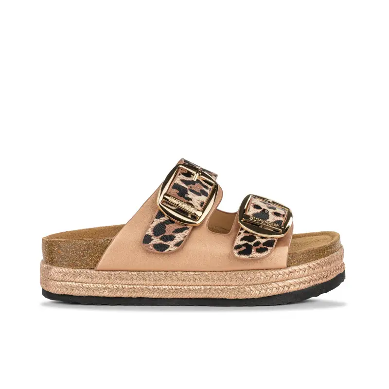 Sandali rosa da donna con suola platform effetto sughero e doppia fibbia