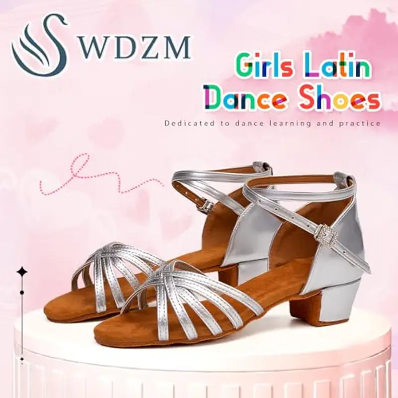 SWDZM Scarpe da Ballo Latino Americano Bambina Standard Salsa Ballroom Tacco 3 cm, Argento, EU 32 miniatura 2