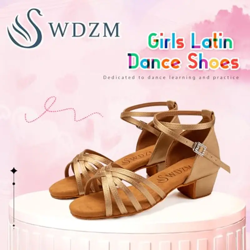 SWDZM Scarpe da Ballo Latino Americano Bambina Standard Salsa Ballroom Tacco 3 cm, Beige, EU 30.5 miniatura 3