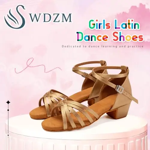 SWDZM Scarpe da Ballo Latino Americano Bambina Standard Salsa Ballroom Tacco 3 cm, Beige, EU 36.5 miniatura 3