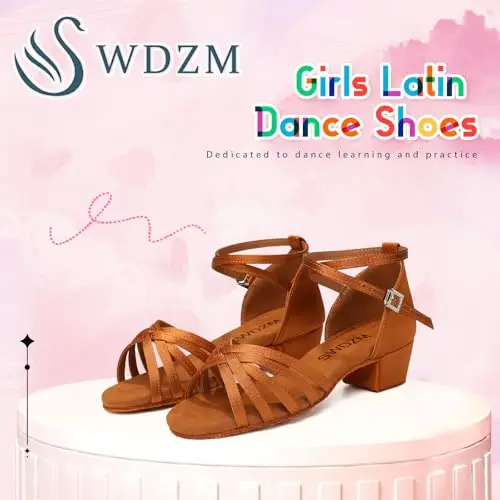 SWDZM Scarpe da Ballo Latino Americano Bambina Standard Salsa Ballroom Tacco 3 cm, Marrone, EU 38 miniatura 2