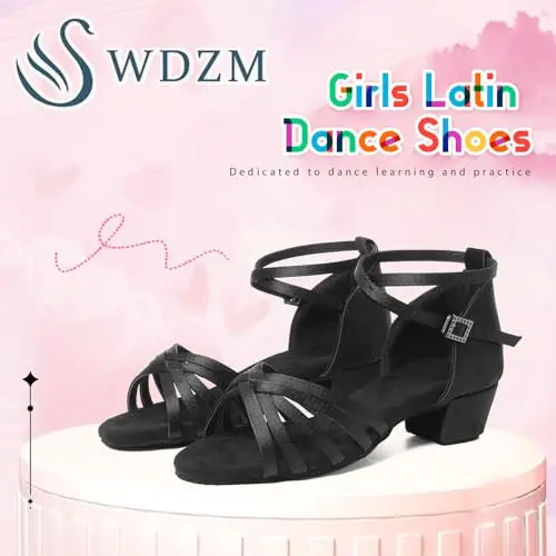 SWDZM Scarpe da Ballo Latino Americano Bambina Standard Salsa Ballroom Tacco 3 cm, Nero, EU 30 miniatura 2
