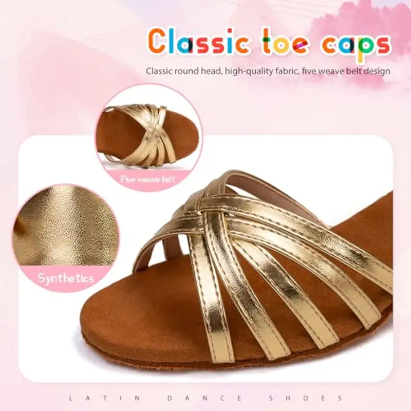 SWDZM Scarpe da Ballo Latino Americano Bambina Standard Salsa Ballroom Tacco 3 cm, Oro, EU 27 miniatura 3
