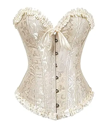 SxyBox Corsetto Donna Sexy Burlesque Overbust Corsetti Bustino per Halloween, Carnevale e Feste,Beige,XL