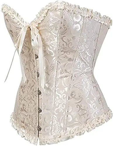 SxyBox Corsetto Donna Sexy Burlesque Overbust Corsetti Bustino per Halloween, Carnevale e Feste, Beige, XL miniatura 3