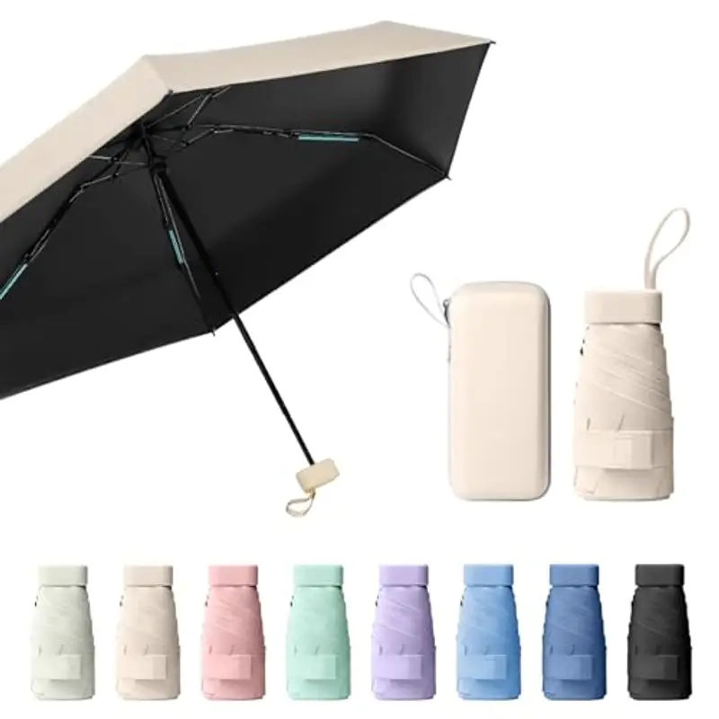 Sykrawki Mini Ombrello Pieghevole - Ombrello da Viaggio Compatto con Protezione UV, Antivento e Custodia a Capsula - Per Uomini e Donne (Beige)