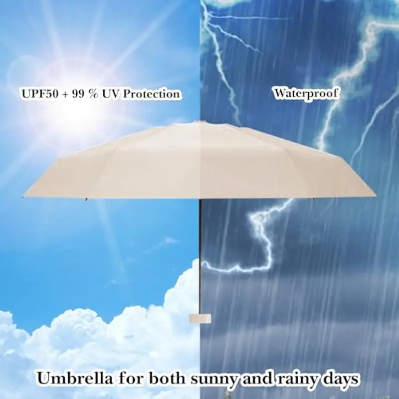 Sykrawki Mini Ombrello Pieghevole - Ombrello da Viaggio Compatto con Protezione UV, Antivento e Custodia a Capsula - Per Uomini e Donne (Beige) miniatura 2