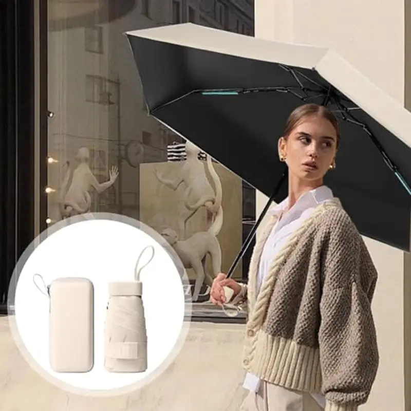 Sykrawki Mini Ombrello Pieghevole - Ombrello da Viaggio Compatto con Protezione UV, Antivento e Custodia a Capsula - Per Uomini e Donne (Beige) miniatura 3