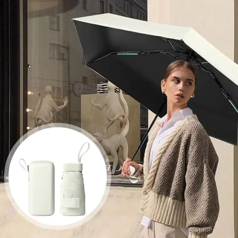 Sykrawki Mini Ombrello Pieghevole - Ombrello da Viaggio Compatto con Protezione UV, Antivento e Custodia a Capsula - Per Uomini e Donne (Bianco) miniatura 3