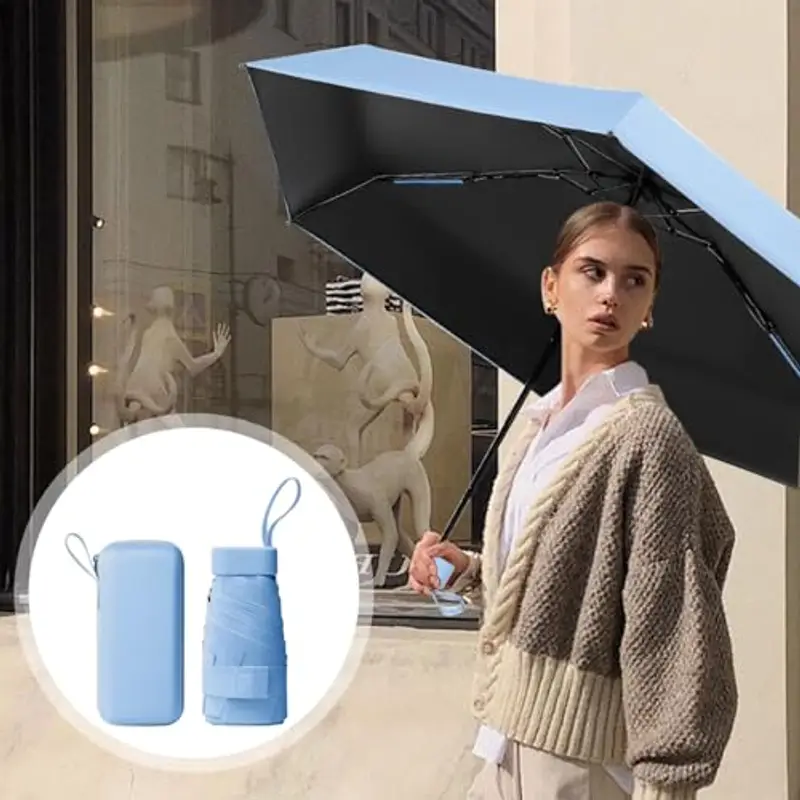 Sykrawki Mini Ombrello Pieghevole - Ombrello da Viaggio Compatto con Protezione UV, Antivento e Custodia a Capsula - Per Uomini e Donne (blu) miniatura 3