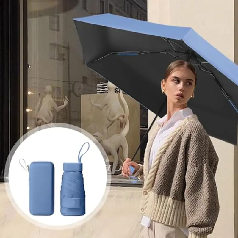 Sykrawki Mini Ombrello Pieghevole - Ombrello da Viaggio Compatto con Protezione UV, Antivento e Custodia a Capsula - Per Uomini e Donne (Blu foschia) miniatura 3