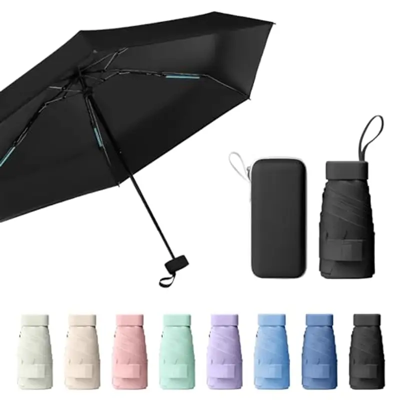 Sykrawki Mini Ombrello Pieghevole - Ombrello da Viaggio Compatto con Protezione UV, Antivento e Custodia a Capsula - Per Uomini e Donne (nero)