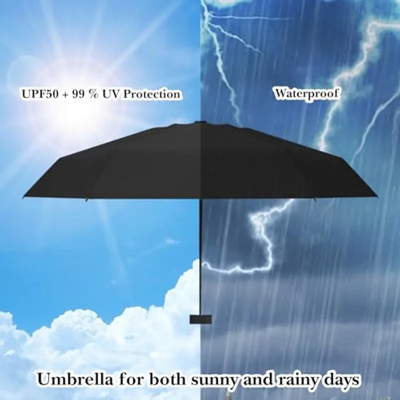 Sykrawki Mini Ombrello Pieghevole - Ombrello da Viaggio Compatto con Protezione UV, Antivento e Custodia a Capsula - Per Uomini e Donne (nero) miniatura 2