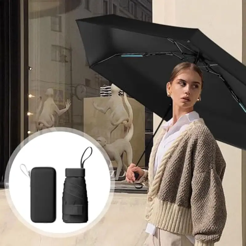 Sykrawki Mini Ombrello Pieghevole - Ombrello da Viaggio Compatto con Protezione UV, Antivento e Custodia a Capsula - Per Uomini e Donne (nero) miniatura 3