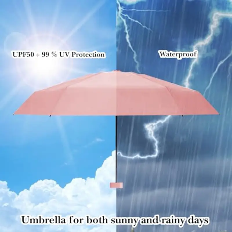 Sykrawki Mini Ombrello Pieghevole - Ombrello da Viaggio Compatto con Protezione UV, Antivento e Custodia a Capsula - Per Uomini e Donne (rosa) miniatura 2
