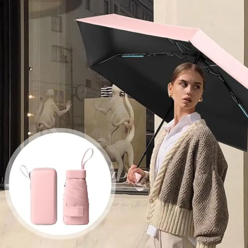 Sykrawki Mini Ombrello Pieghevole - Ombrello da Viaggio Compatto con Protezione UV, Antivento e Custodia a Capsula - Per Uomini e Donne (rosa) miniatura 3