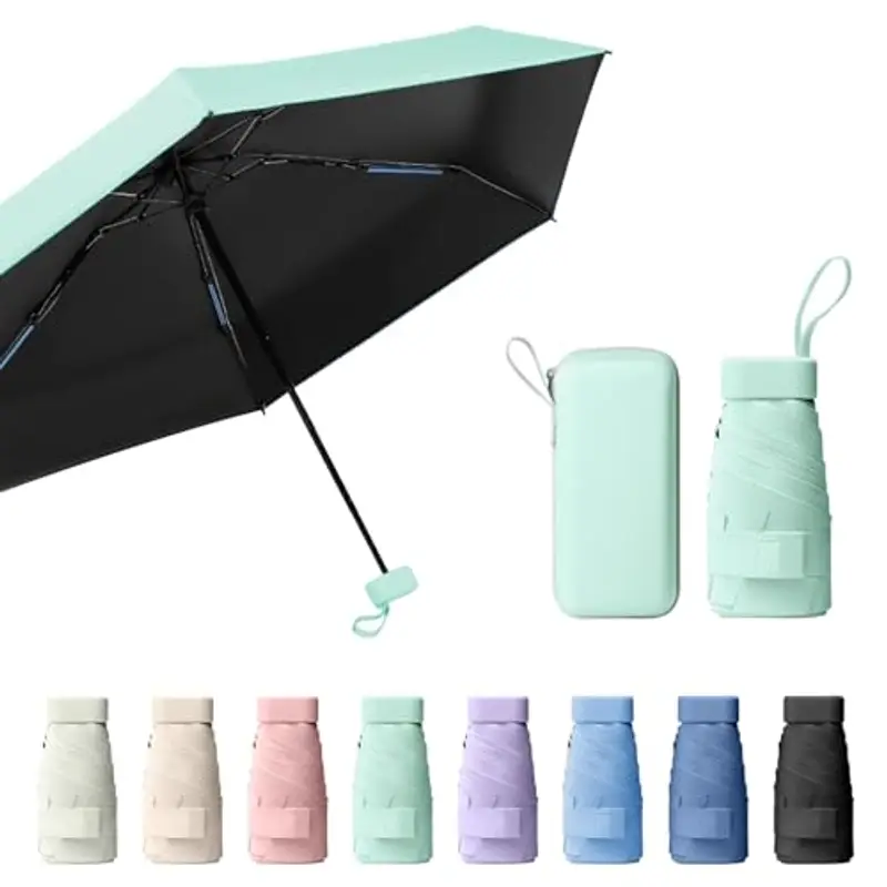 Sykrawki Mini Ombrello Pieghevole - Ombrello da Viaggio Compatto con Protezione UV, Antivento e Custodia a Capsula - Per Uomini e Donne (verde)
