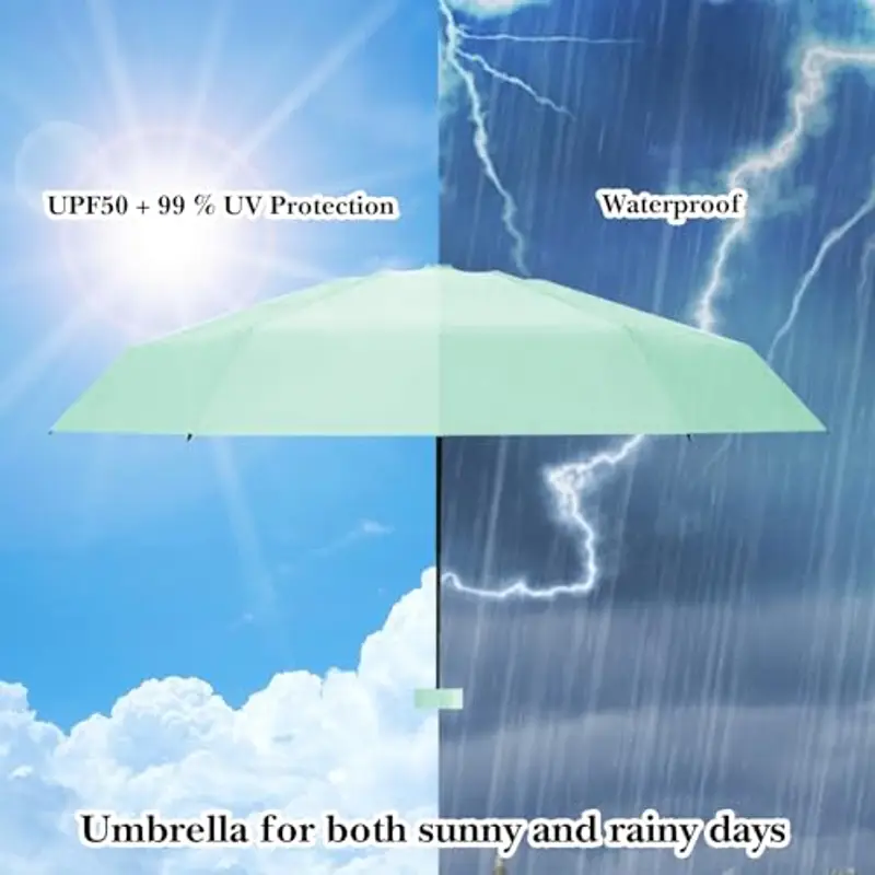 Sykrawki Mini Ombrello Pieghevole - Ombrello da Viaggio Compatto con Protezione UV, Antivento e Custodia a Capsula - Per Uomini e Donne (verde) miniatura 2