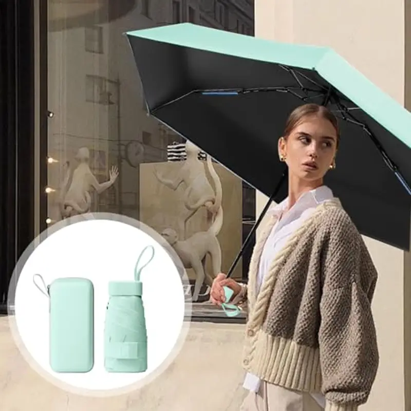 Sykrawki Mini Ombrello Pieghevole - Ombrello da Viaggio Compatto con Protezione UV, Antivento e Custodia a Capsula - Per Uomini e Donne (verde) miniatura 3