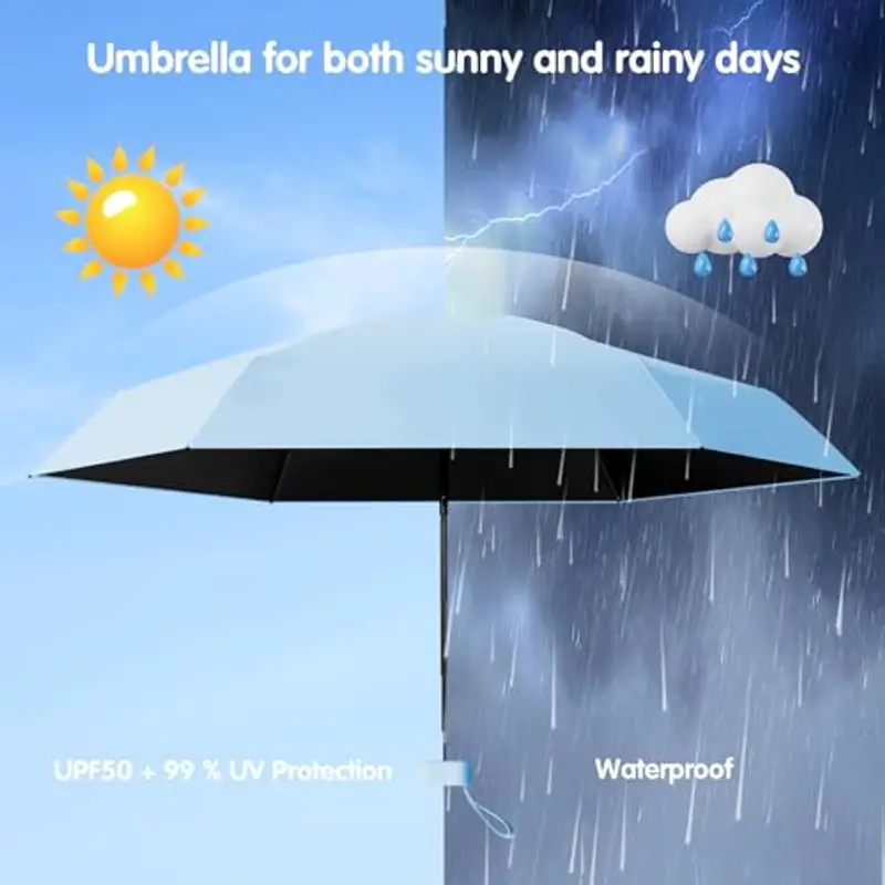 Sykrawki Ombrello Pieghevole Portatile Compatto, Anti UV e Antivento, Mini Ombrello da Tasca Ultraleggero per Donne e Uomini, Ideale per Viaggi (azzurro cielo) miniatura 2