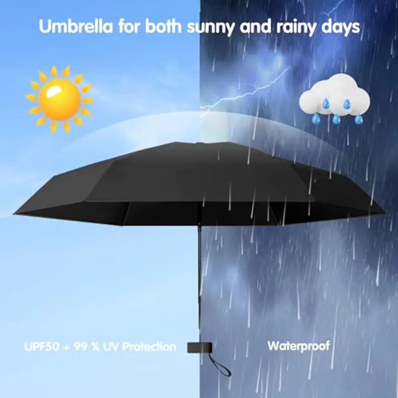 Sykrawki Ombrello Pieghevole Portatile Compatto, Anti UV e Antivento, Mini Ombrello da Tasca Ultraleggero per Donne e Uomini, Ideale per Viaggi (nero) miniatura 2