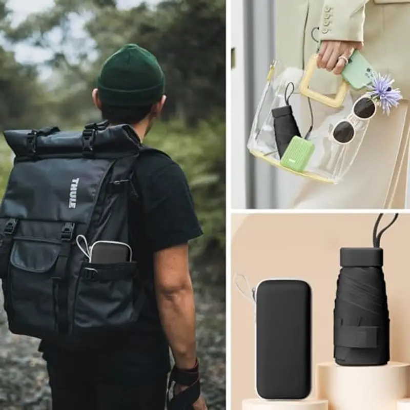 Sykrawki Ombrello Pieghevole Portatile Compatto, Anti UV e Antivento, Mini Ombrello da Tasca Ultraleggero per Donne e Uomini, Ideale per Viaggi (nero) miniatura 3