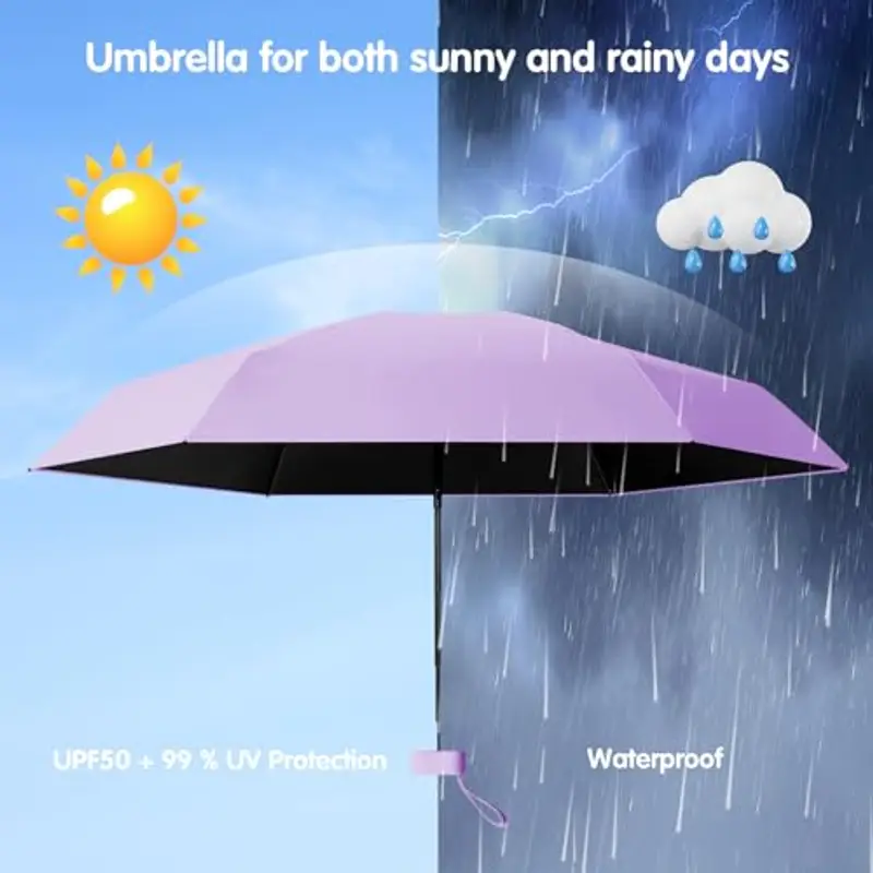 Sykrawki Ombrello Pieghevole Portatile Compatto, Anti UV e Antivento, Mini Ombrello da Tasca Ultraleggero per Donne e Uomini, Ideale per Viaggi (Viola) miniatura 2