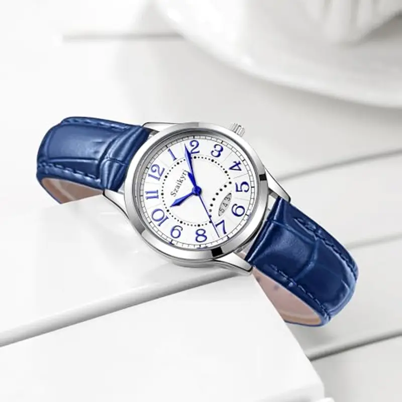 Szaikyri Orologio Cassico per Donne con Numeri Arabi Leggeri da Leggere Orologio da Donna con Calendario Idrofobo (Blue Mix Silver) miniatura 2