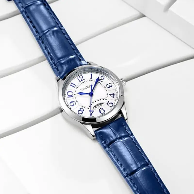 Szaikyri Orologio Cassico per Donne con Numeri Arabi Leggeri da Leggere Orologio da Donna con Calendario Idrofobo (Blue Mix Silver) miniatura 3