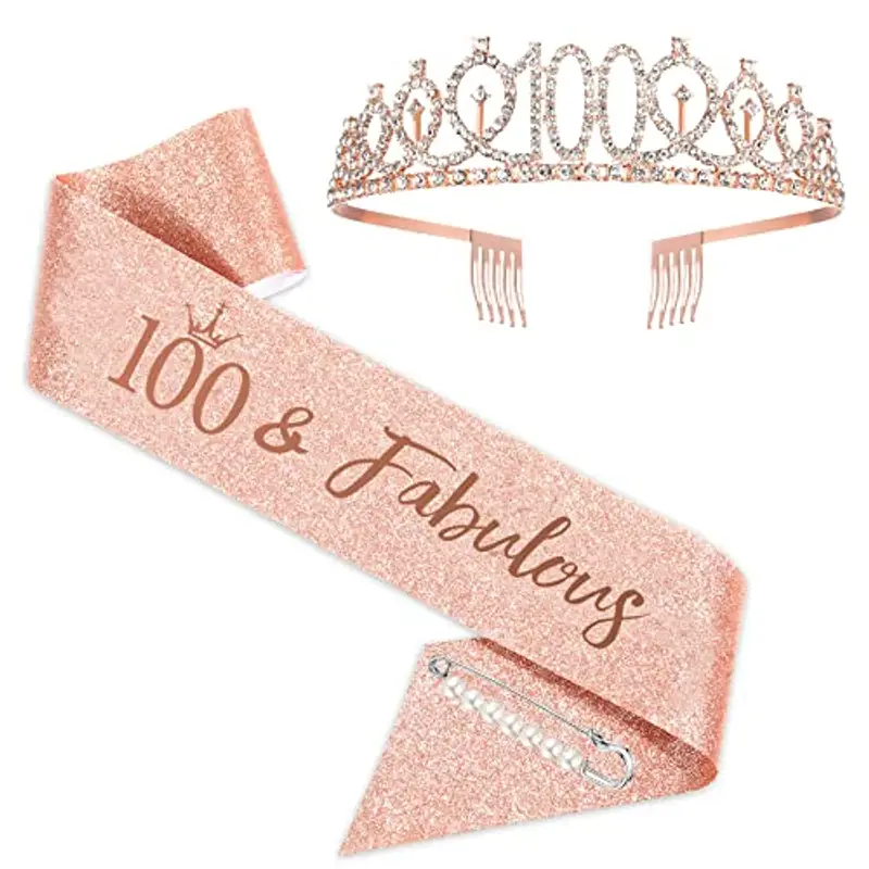 SZHUIHER, Set con tiara con il numero 100 e fascia con scritta "100 & Fabulous", per 100° compleanno, da donna, di colore oro rosa, adatto come regalo e feste di 100° compleanno