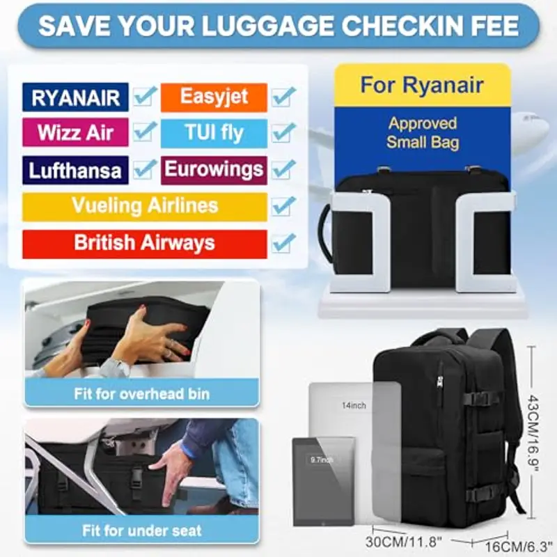 SZLX Zaino A Vuoto Bagaglio A Mano Donna, Zaino Airbag Con Sistema Di Vuoto Per Viaggi, Ryanair Viaggio Ruscksack Dimensione Cabina Con Pompa Impermeabile Uomo Valigia A Vuoto miniatura 2